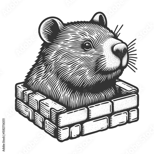 wombat head popping out of a small rectangular brick wall enclosure, looking forward sketch engraving generative ai fictional character vector illustration. Scratch board. Black and white image.