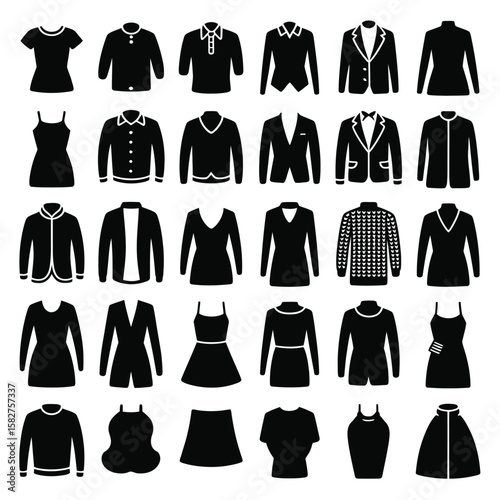 Collection of Thirty Black Silhouettes of Various Clothing Items Including Shirts Dresses Jackets Sweaters and Skirts on White Background