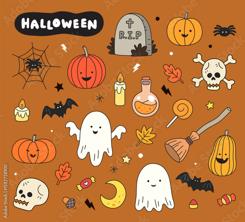 set of halloween doodle vector illustration, cute cartoon

