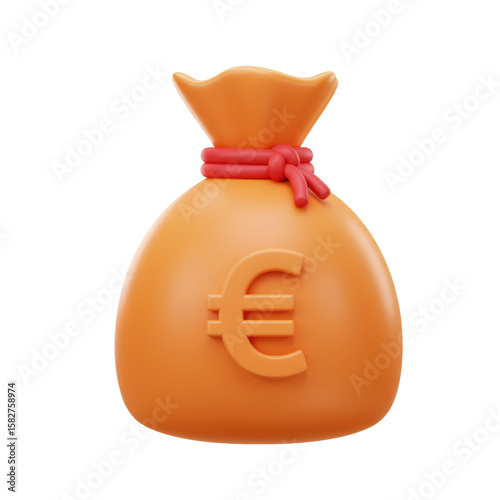 A cartoonish orange money bag, tied with a red string, displays a prominent euro symbol. isolated on a transparent background, png, cutout	