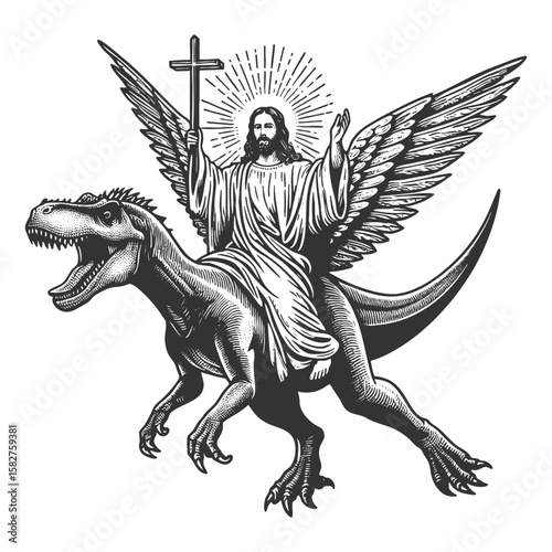 Jesus Christ with halo riding a dinosaur sketch engraving generative ai fictional character vector illustration. Scratch board imitation. Black and white image.