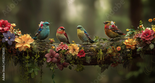 A bird family sits on the branch of an old tree in the forest