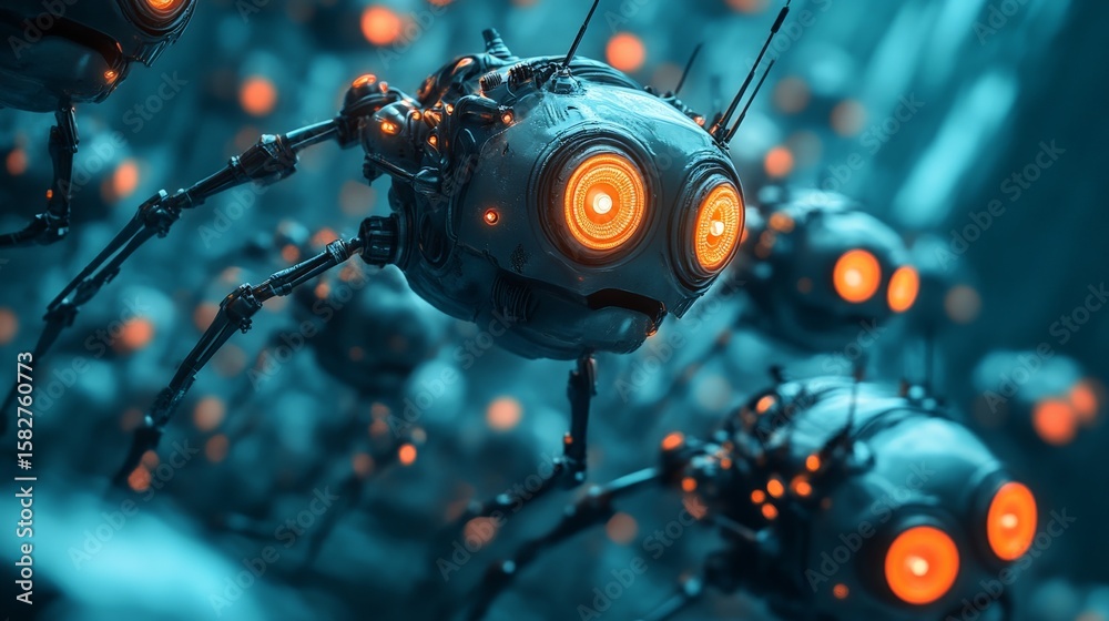 Fototapeta premium Swarm of small robots with glowing eyes walking in the dark