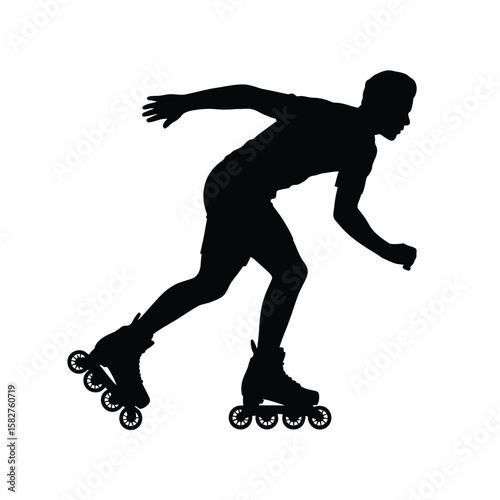 Silhouette of a person rollerblading with speed and motion on a white background