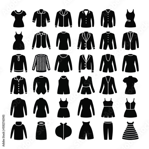 Collection of Thirty Six Black Silhouettes of Womens and Mens Clothing Items Including Jackets Sweaters Dresses Shirts and Pants on White Background