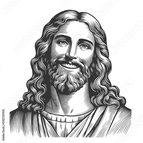Jesus Christ smiling, surrounded by radiant circular halo lines sketch engraving generative ai fictional character vector illustration. Scratch board imitation. Black and white image.