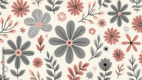 Wallpaper Mural A delicately illustrated botanical pattern featuring soft gray and pink blooms with slender black stems and varied leaf shapes, evoking a serene sense of modern elegance, gentle contrast, and natural  Torontodigital.ca