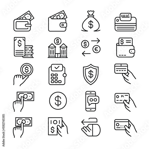 Collection of Twenty Black and White Linear Financial Icons Depicting Various Payment Methods Money Transactions and Banking Concepts Including Wallets Credit Cards Money Bags