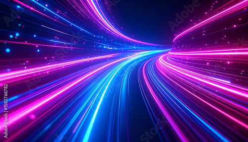 Vibrant streams of light in blue and pink create a dynamic and futuristic visual effect, resembling a digital journey through space