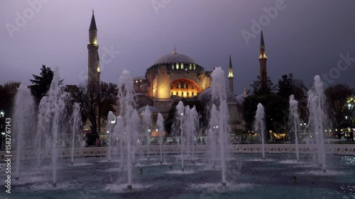 Fountain near Hagia Sophia Grand Mosque in the evening, Istanbul, Turkey.