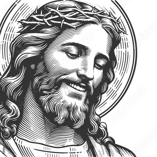 Jesus Christ smiling, surrounded by radiant circular halo lines sketch engraving generative ai fictional character vector illustration. Scratch board imitation. Black and white image.