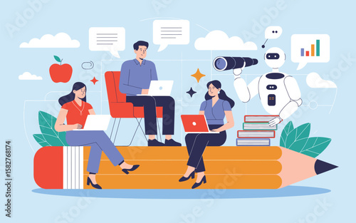 AI in Education – Vector Illustration of Students Interacting with Artificial Intelligence for Learning, Study Assistance, and Smart Classroom Technology in a Back to School Theme

