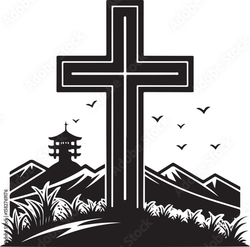 Black cross silhouette with mountain landscape and birds vector icon