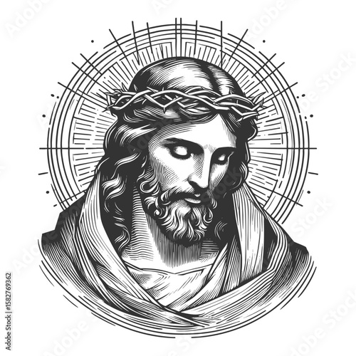 Jesus Christ with crown of thorns and radiant halo, drawn in vintage engraving style sketch engraving generative ai fictional character vector illustration. Scratch board. Black and white image.