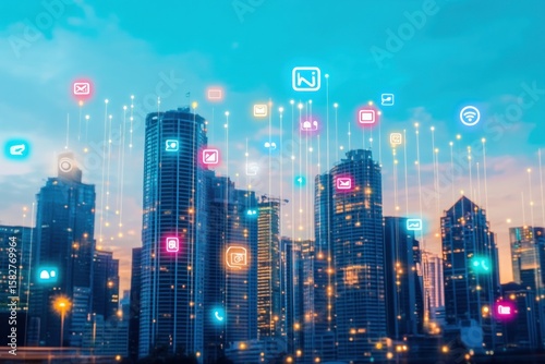 Bright city skyline with colorful social icons circulating above, virtual marketing symbol