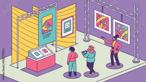 People viewing abstract art in an art gallery with geometric displays and colorful paintings on display