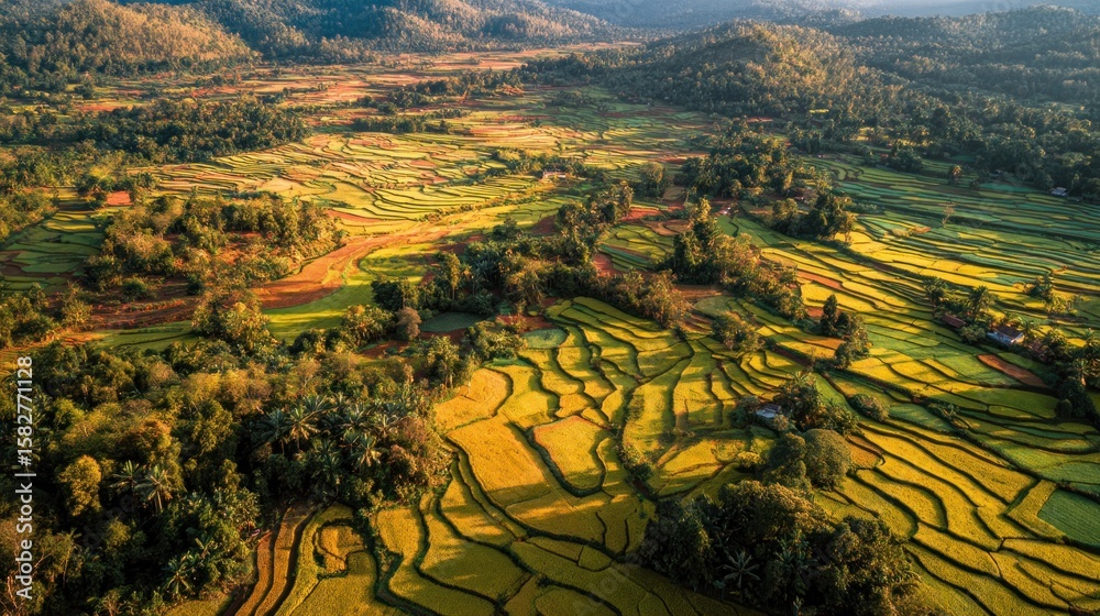 Fototapeta premium Aerial view of vibrant terraced rice fields in a valley, bathed in golden sunlight