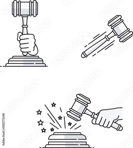 Three gavel illustrations showing a hand holding, swinging, and striking the gavel on a stand.