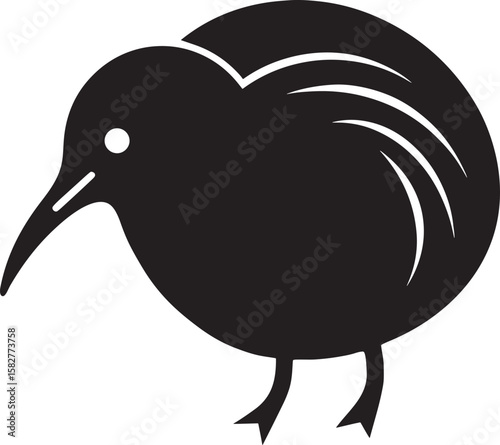Black kiwi bird silhouette with white eye and feather details vector