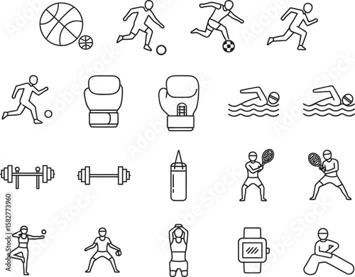 Collection of simple line art icons depicting various sports and fitness activities.