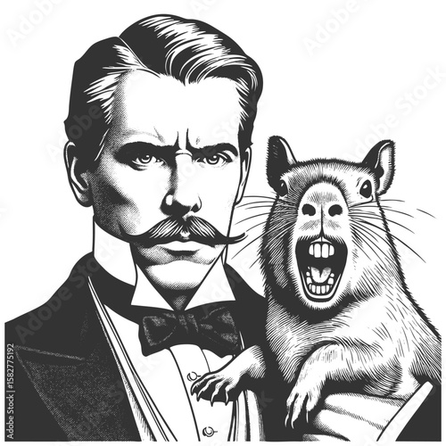 man in a tuxedo holding a calm capybara sketch engraving generative ai fictional character vector illustration. Scratch board imitation. Black and white image.