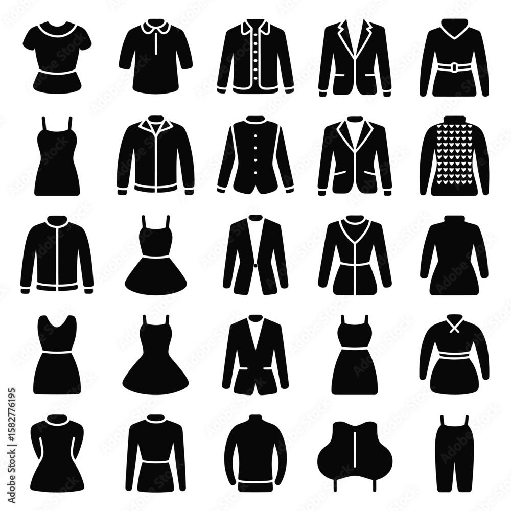 Collection of Twenty Five Black Silhouettes of Womens and Mens Clothing Items Including Dresses Jackets Blazers Sweaters and Tops on White Background Collection of Twenty Five Black Silhouettes of Womens and Mens Clothing Items Including Dresses Jackets Blazers Sweaters and Tops on White Background