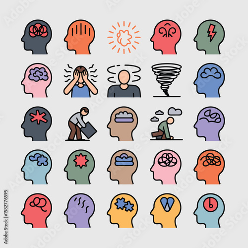 Collection of Twenty Five Colorful Line Art Icons Depicting Diverse Mental Health Conditions and Emotional States Including Anxiety Depression Stress and Overwhelm Illustrated