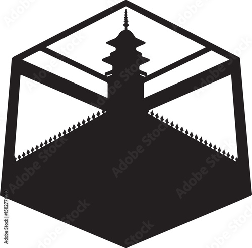 Black pagoda silhouette within geometric frame building architecture