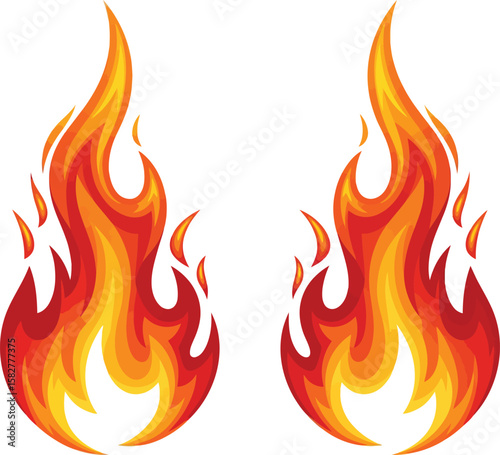 Vector illustration set of burning fire flames, a hot and fiery danger symbol