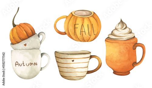 Vintage Autumn Cup. Cute Autumn Mug. Hot Drink with Leaf, Mug, and Fall Vibes. Watercolor Cup of Coffee, Cocoa, and Cozy Lifestyle. Hand Painted Fall Beverages.