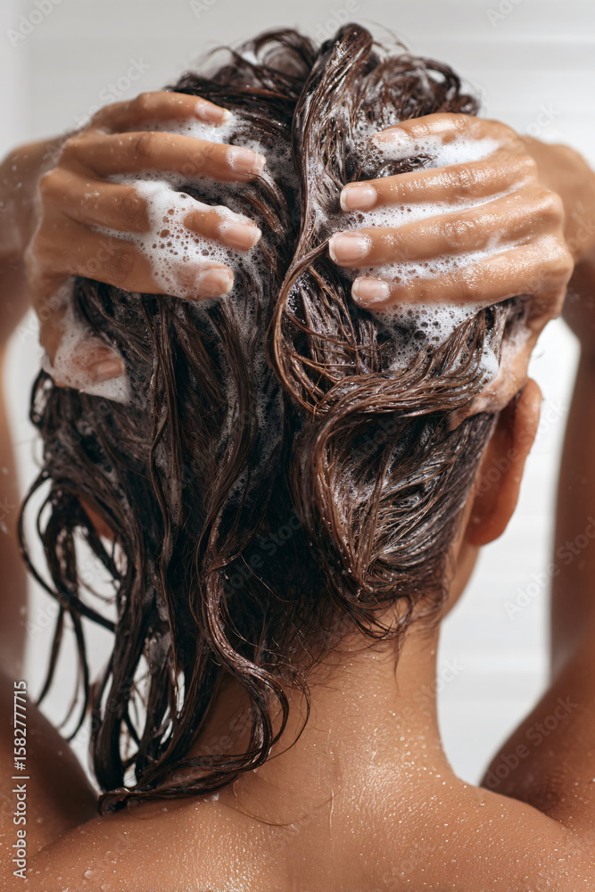 Naklejka premium A beautiful woman washing her long hair in shower with shampoo foam and water. Self-care and hygiene concept for health.