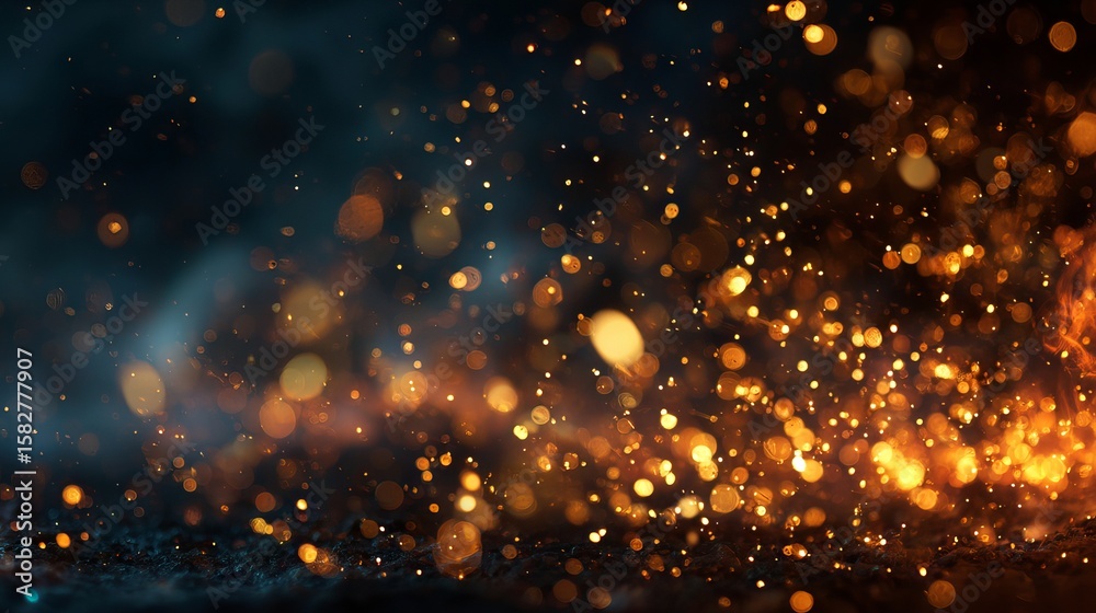 Fototapeta premium Glowing fire sparkles with warm bokeh light effect in dark background