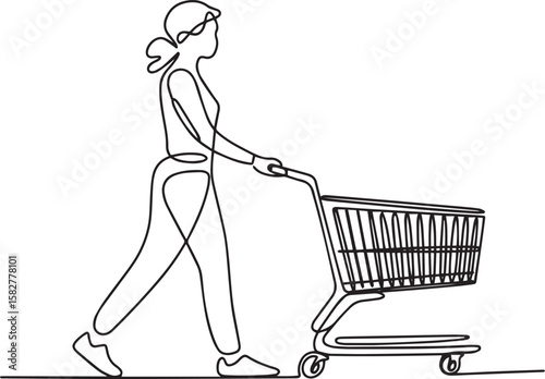 Woman pushing shopping cart at supermarket in continuous one line drawing, minimalist outline vector

