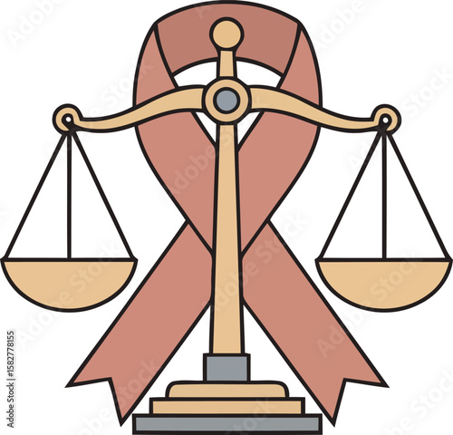Scales of justice are displayed in front of a ribbon, symbolizing balance and awareness.