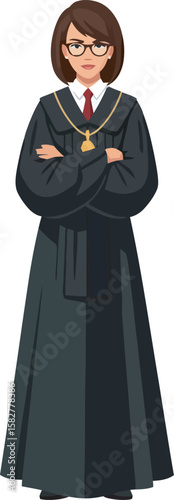 A stern-faced woman in a formal dark robe, arms crossed, likely a judge or legal professional.
