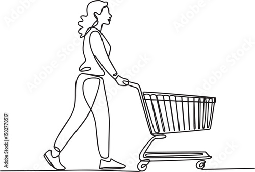 Woman pushing shopping cart at supermarket in continuous one line drawing, minimalist outline vector

