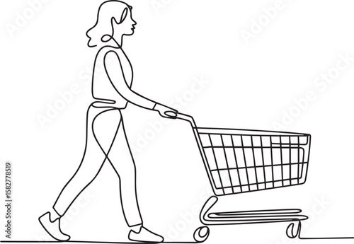 Woman pushing shopping cart at supermarket in continuous one line drawing, minimalist outline vector

