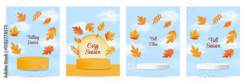 Set of vertical autumn cards with 3D podiums and flying orange, yellow leaves on sky. Vector illustration