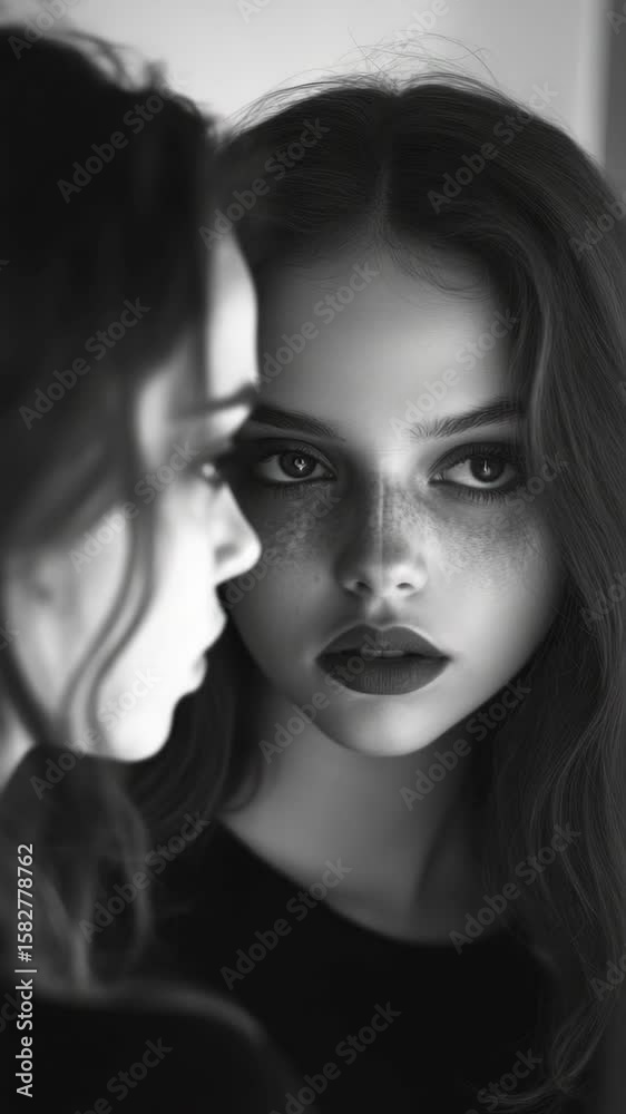 Fashionable girl with dark makeup looking at her reflection in the mirror. Monochrome portrait. Fashionable girl with dark makeup looking at her reflection in the mirror. Monochrome portrait.