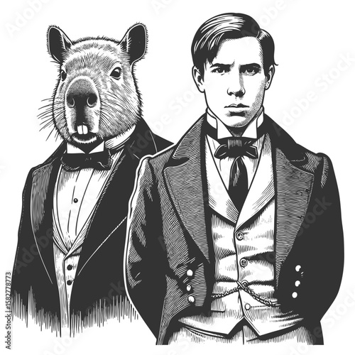 Victorian men, one with a capybara head, both wearing formal vintage suits and bow ties sketch engraving generative ai fictional character vector illustration. Scratch board. Black and white image.