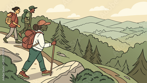Group of hikers with backpacks walking on a trail through a forest with mountains in the background