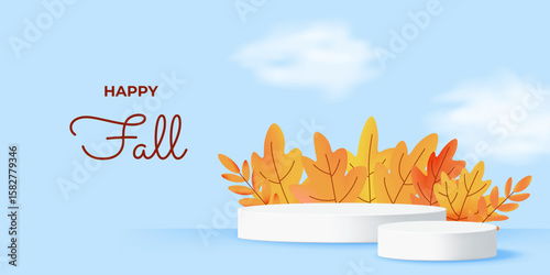 Autumn banner with white podiums surrounded by bright foliage and blue cloudy sky. Happy fall text. Vector illustration on blue backgrround