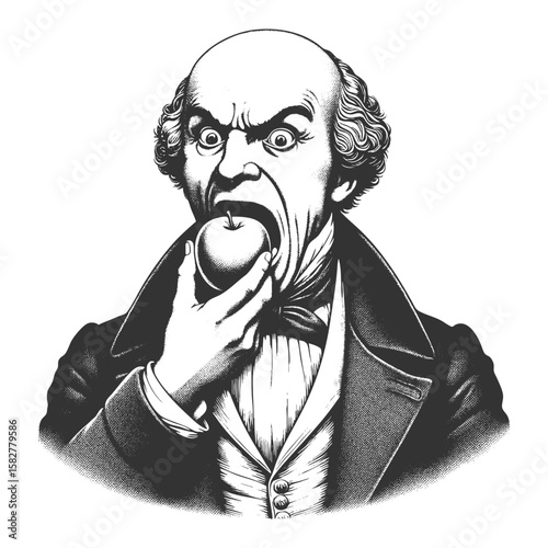 furious Victorian man aggressively preparing to bite into an apple with rage sketch engraving generative ai fictional character vector illustration. Scratch board imitation. Black and white image.