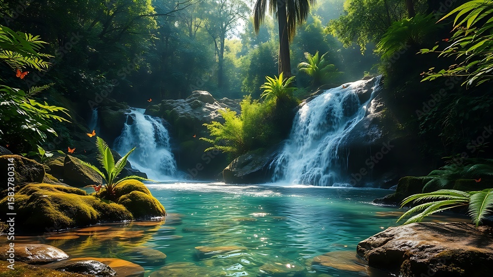 Fototapeta premium Tranquil Waterfall Oasis: Serene Escape in Lush Tropical Paradise