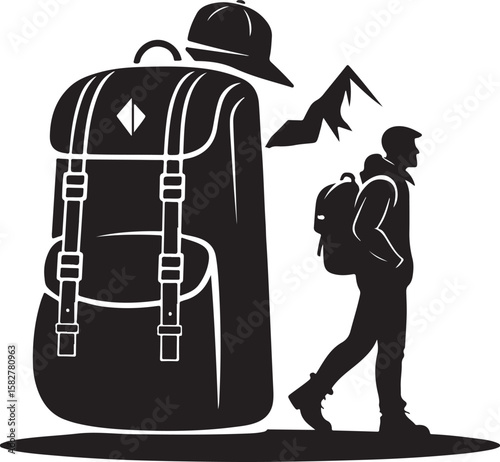 Black silhouette of backpacker near large backpack and mountain hiker travel
