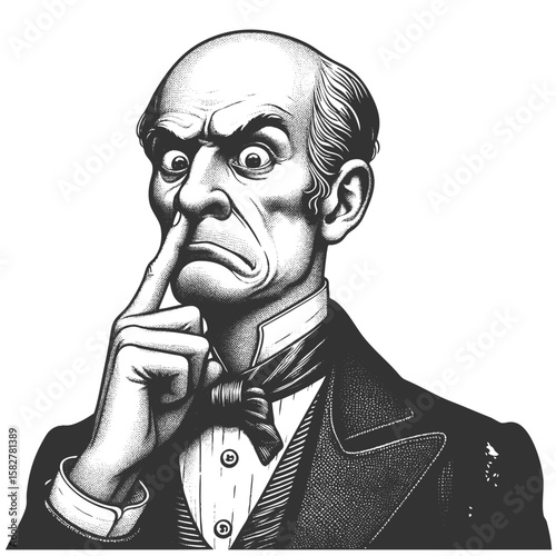 man in a tuxedo with finger up nose, captured in exaggerated humorous style sketch engraving generative ai fictional character vector illustration. Scratch board imitation. Black and white image.