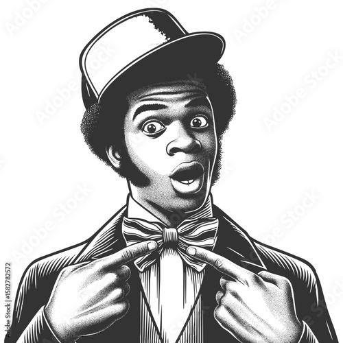cheerful man in stylish coat and cap, smiling broadly while proudly pointing at himself sketch engraving generative ai fictional character vector illustration. Scratch board. Black and white image.