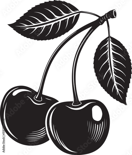 Classic cherry fruit with leaves black vector icon food