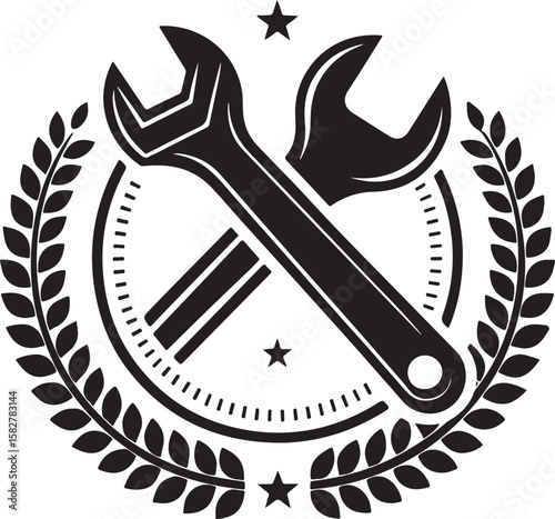 Crossed wrenches laurel wreath and stars emblem vector