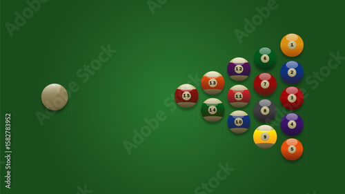 Billiard Balls on Green Pool Table Ready for Break